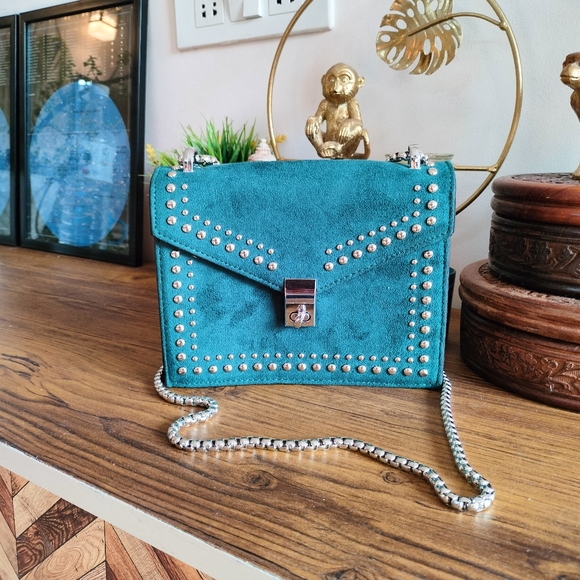 Teal Faux Suede Stud Sling Bag - Picture 16 of 16